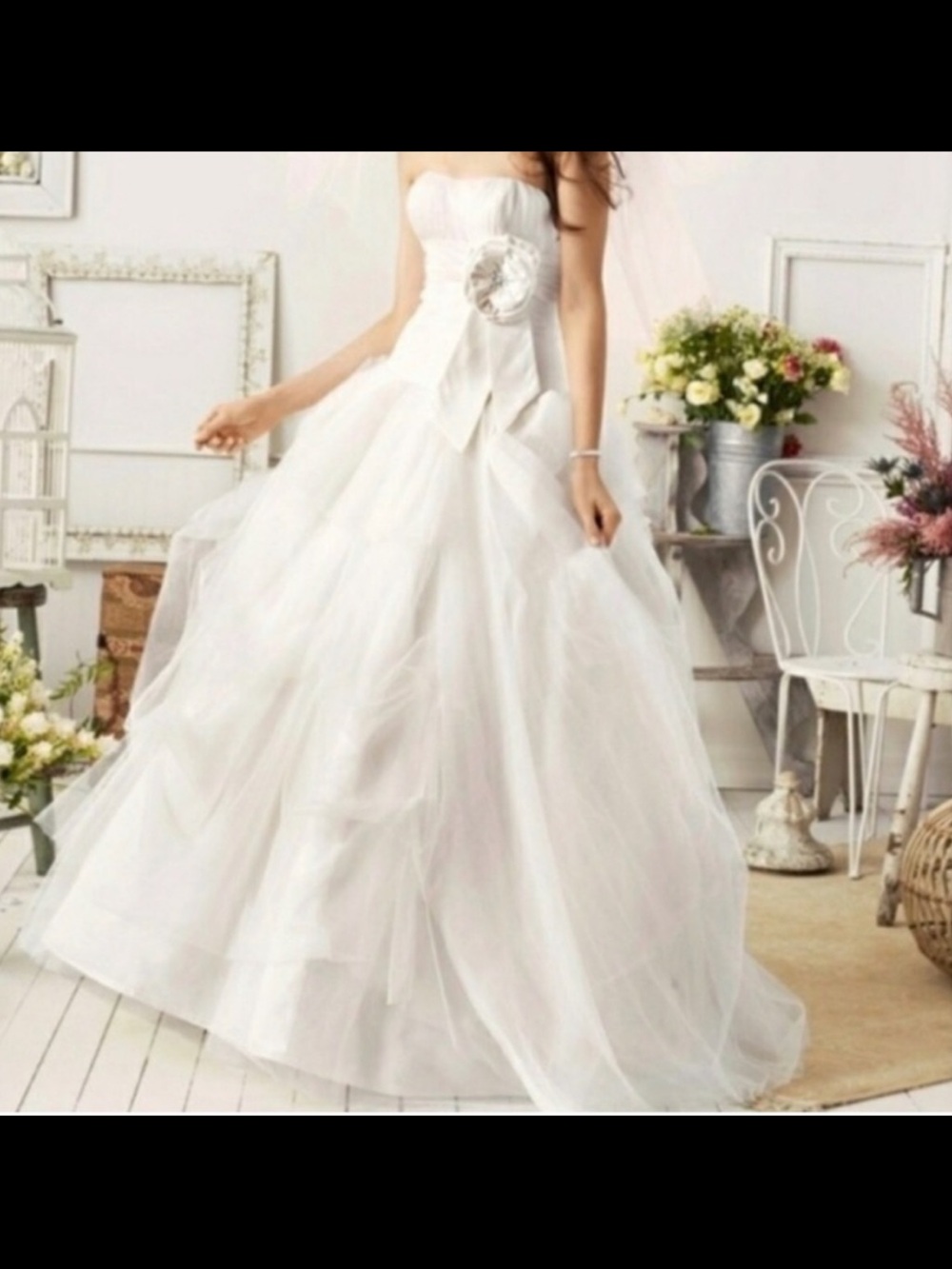 Strapless White Tulle Bridal Ball Gown with Rosette Waist Detail